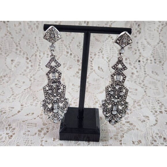 EUC Vintage Art Deco Silver-Tone Crystal Chandelier Earrings - Picture 1 of 3